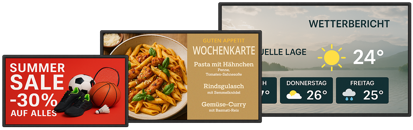 Drei Digital Signage Displays nebeneinander mit Werbung, Speiseplan und Wetterbericht